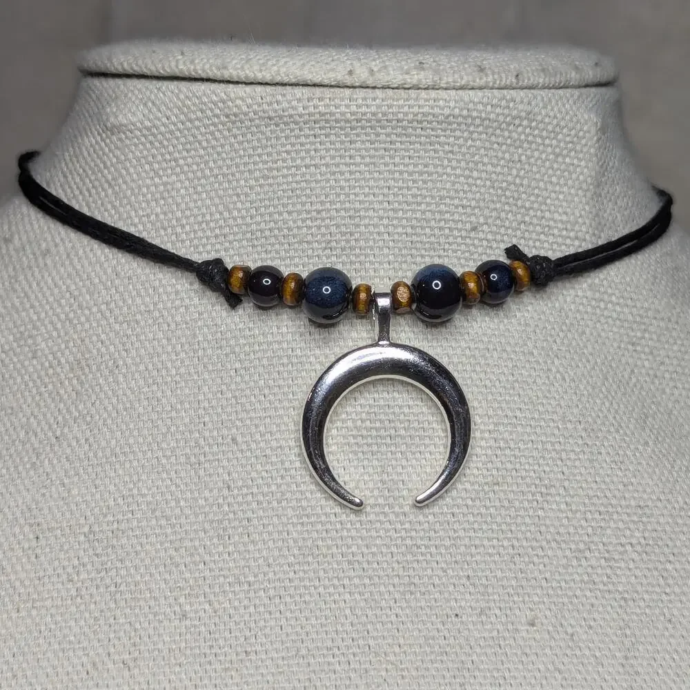 Crescent Moon Silver Charm Blue Black Ceramic Wood Bead Boho Y2K Choker Necklace